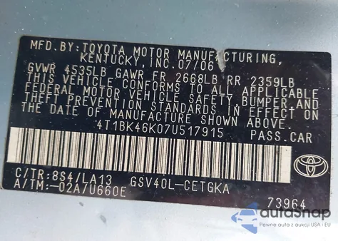 2007 Toyota Camry Le/Xle/Se from USA, damaged, VIN 4T1BK46K07U517915